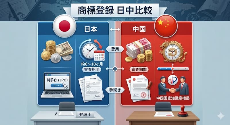 日本と中国の商標登録の費用や期間の比較表
