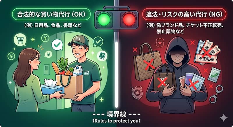 買い物代行の合法と違法の境界線を説明するイメージ図