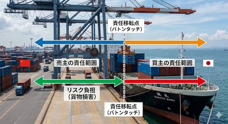貿易条件インコタームズにおける費用負担とリスク負担の概念図