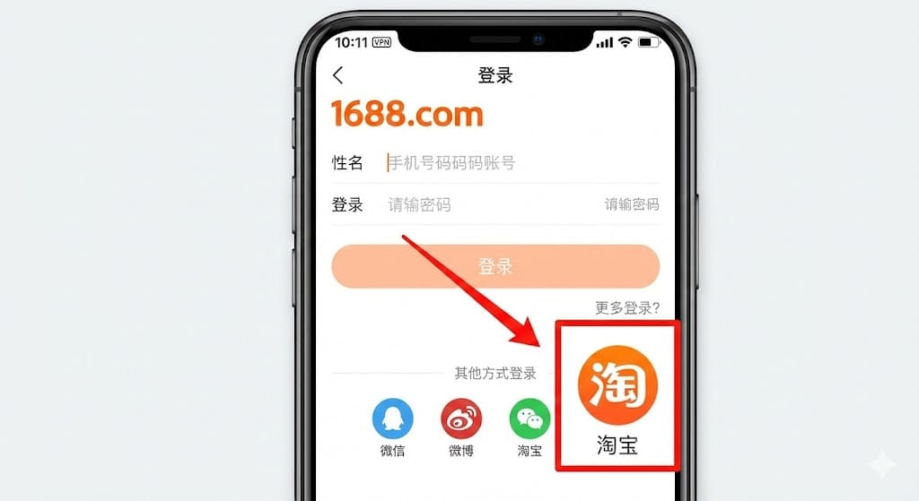 1688アプリのタオバオ連携ログインボタンの位置