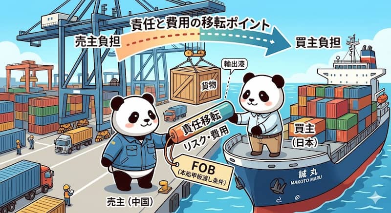 FOB条件における輸出港での責任移転イメージ