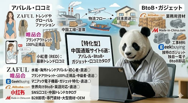 アパレル・BtoB・ガジェット・口コミカタログに強い特化型中国通販サイト6選の図解