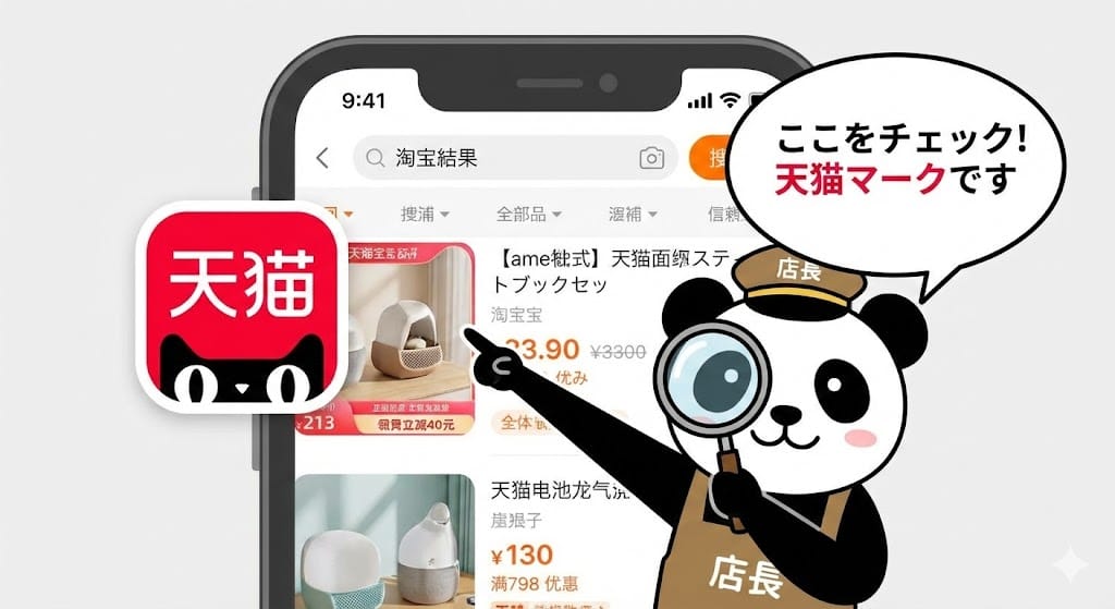 タオバオの検索画面での天猫（赤い猫マーク）の見分け方