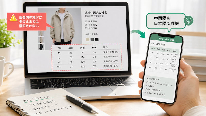 タオバオの商品画像とサイズ表を翻訳