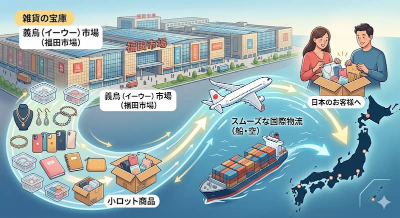 中国輸入の仕入れ拠点である義烏市場の強みと物流イメージ