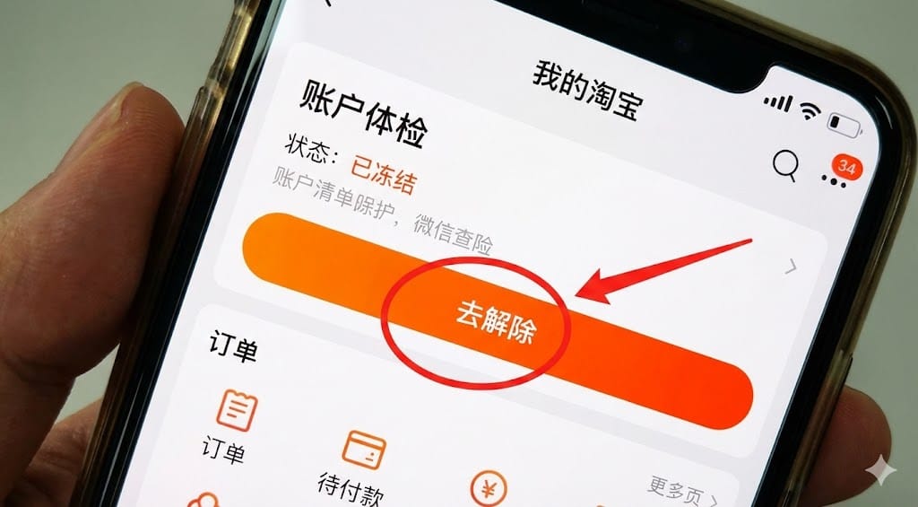 タオバオアプリの凍結解除ボタン