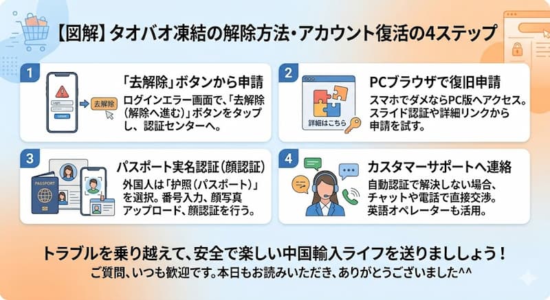 タオバオ凍結解除とパスポート実名認証の4ステップ図解