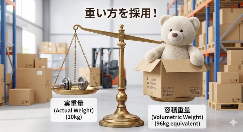 実重量と容積重量を天秤にかけた送料の仕組みのイラスト