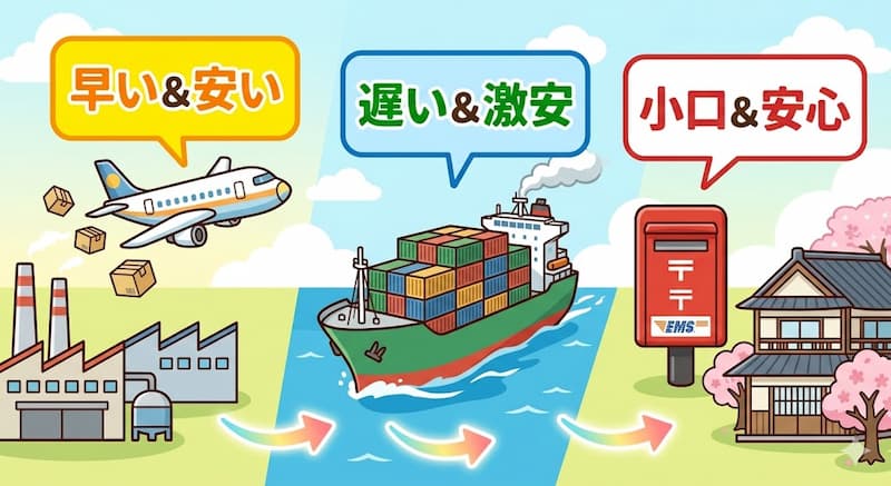 中国輸入の送料相場と航空便・船便・EMSの比較表イメージ
