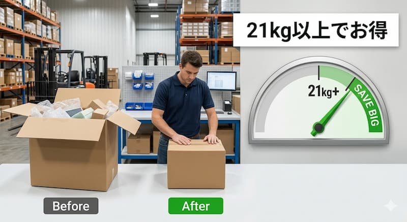 段ボールを小さく再梱包して送料を節約するイメージ図