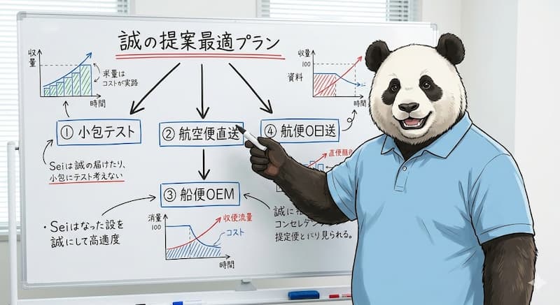 パンダ社長が3つの配送プラン（テスト・無在庫・OEM）を提案しているイラスト