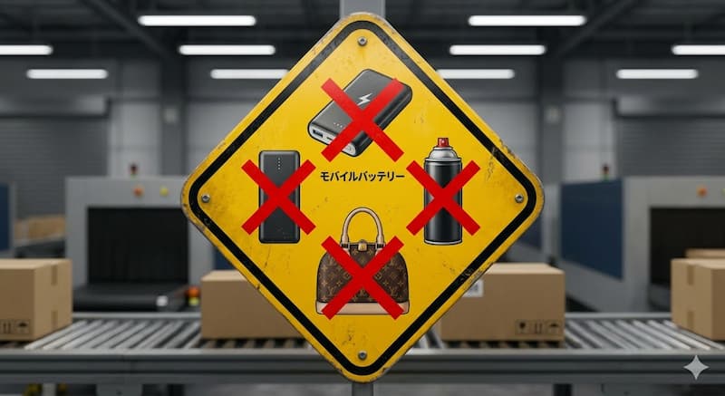 モバイルバッテリーや偽ブランド品など輸入禁止アイコンの警告マーク