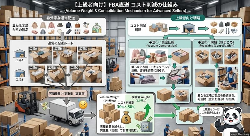 容積重量削減と同梱による物流コストカットの仕組み