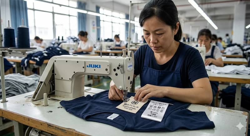 アリババのアパレルOEMで行うオリジナルタグの縫い付け作業