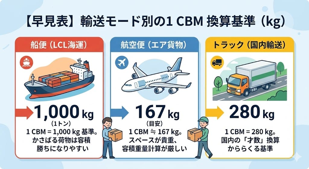CBMと重量(kg)の輸送手段別換算表