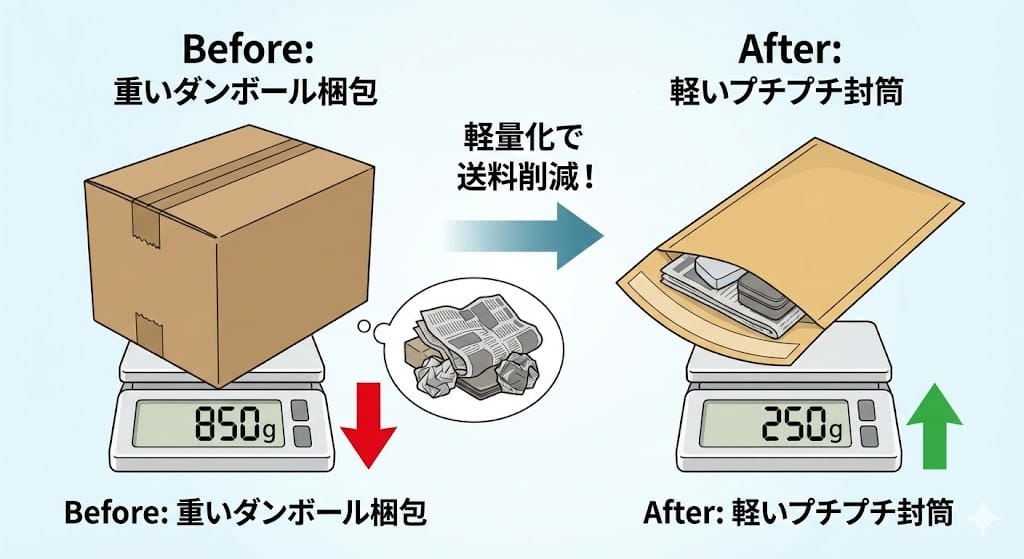 封筒とプチプチによる軽量梱包