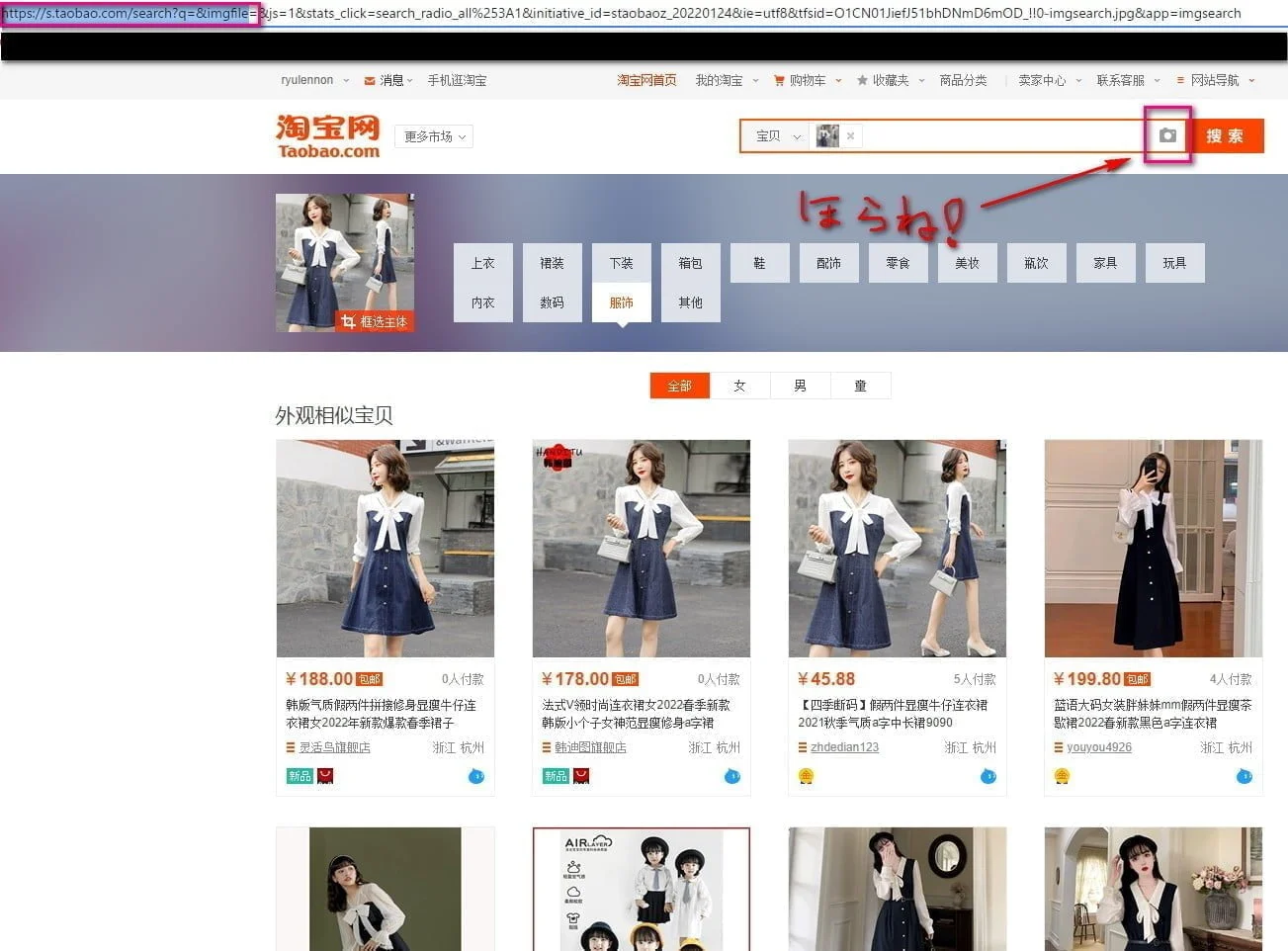 タオバオ画像検索の専用URLページ画面