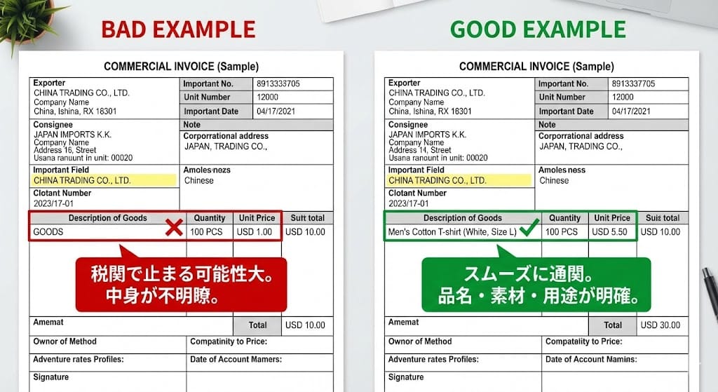 中国輸入 インボイス 記載例