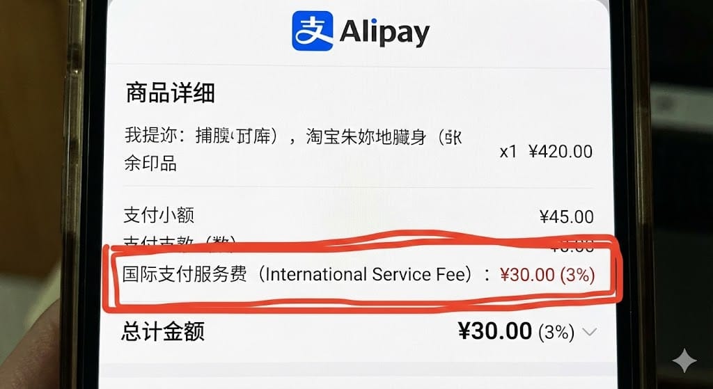 タオバオ決済画面の手数料3%