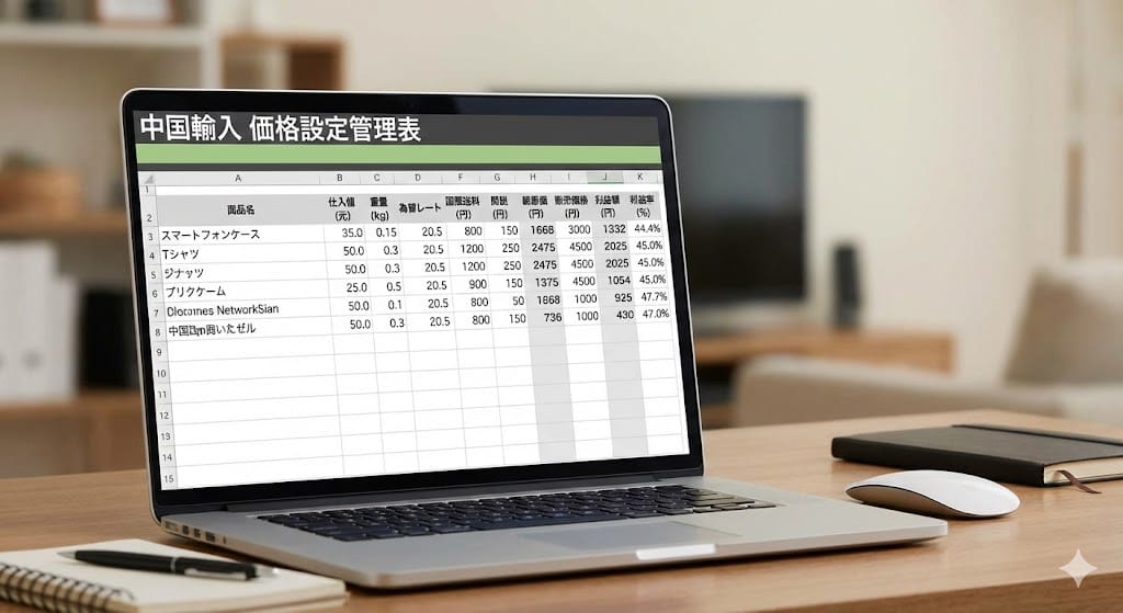 中国輸入の利益計算用エクセル管理表の作成例