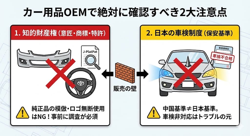 カー用品OEMの2大注意点（知的財産権・車検制度）の図解