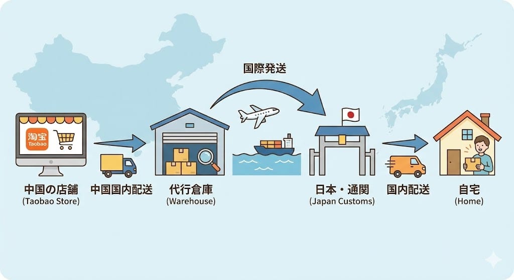 タオバオから日本へ届くまでの配送フロー図