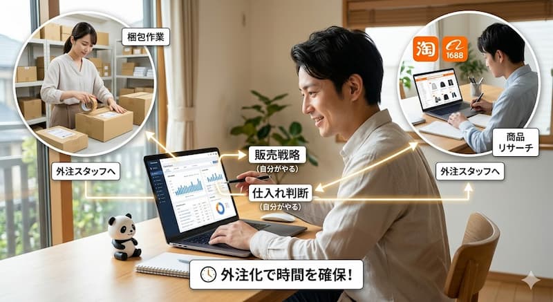 物販ビジネスでリサーチや梱包を外注化し、自分の時間を確保するイメージ