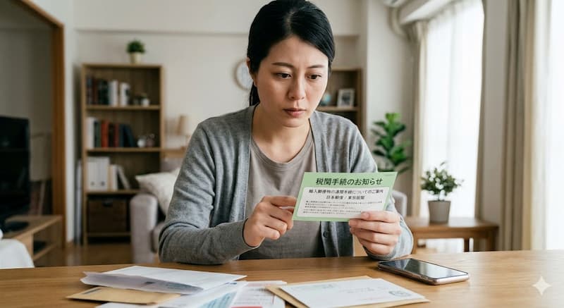 税関手続のお知らせハガキを確認する様子