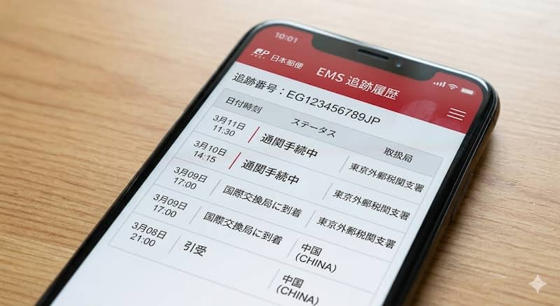 通関手続中が複数回表示されているEMSの追跡画面
