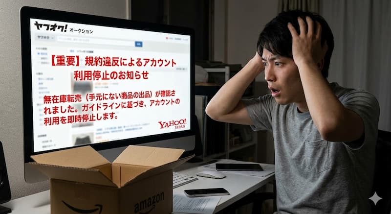 アカウント利用停止の警告が表示されたパソコン画面
