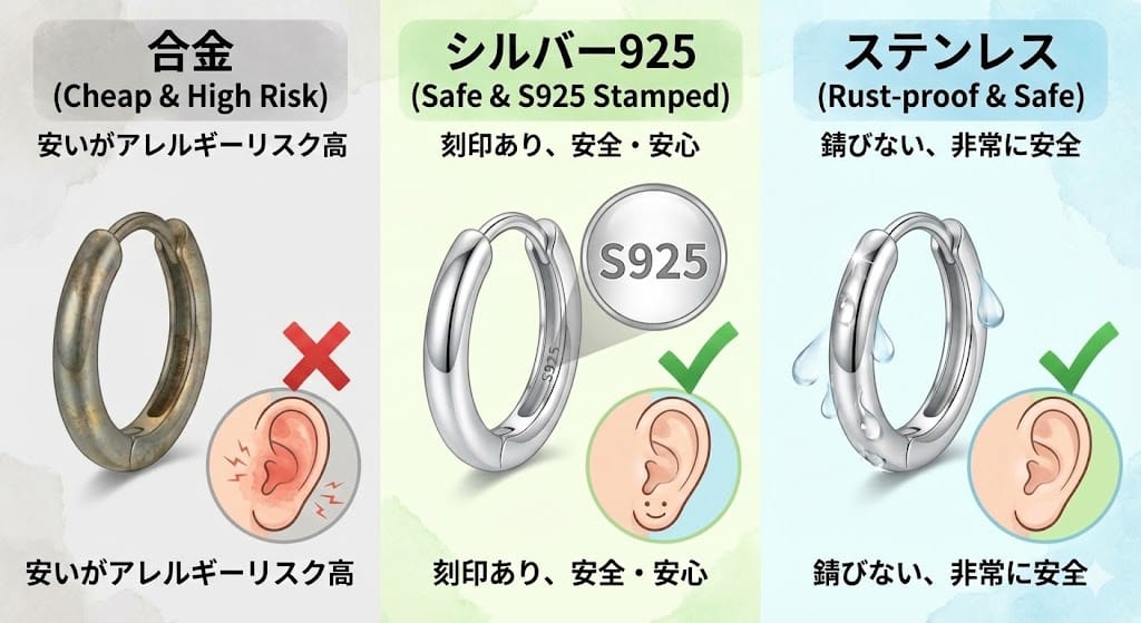 金属アレルギー対応素材の比較（合金・シルバー925・ステンレス）