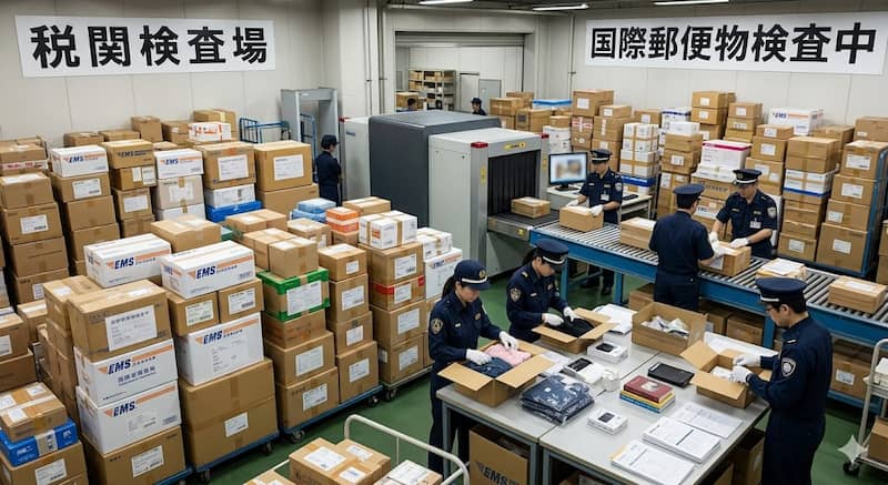 EMSの通関手続きを行う日本の税関検査場