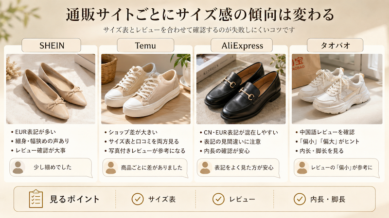 サイト別のサイズ感と口コミ