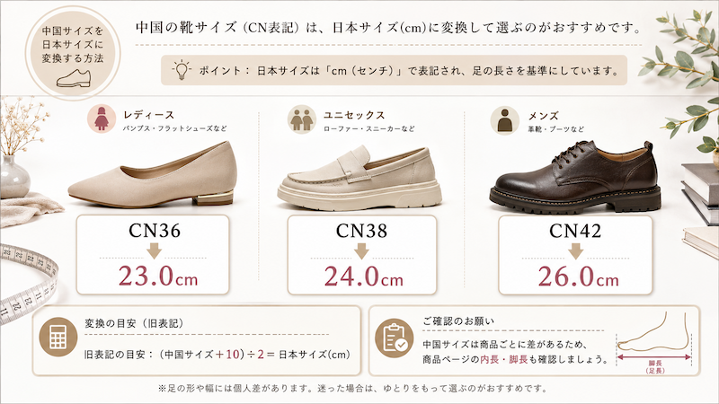 中国靴サイズを日本サイズへ換算する早見図