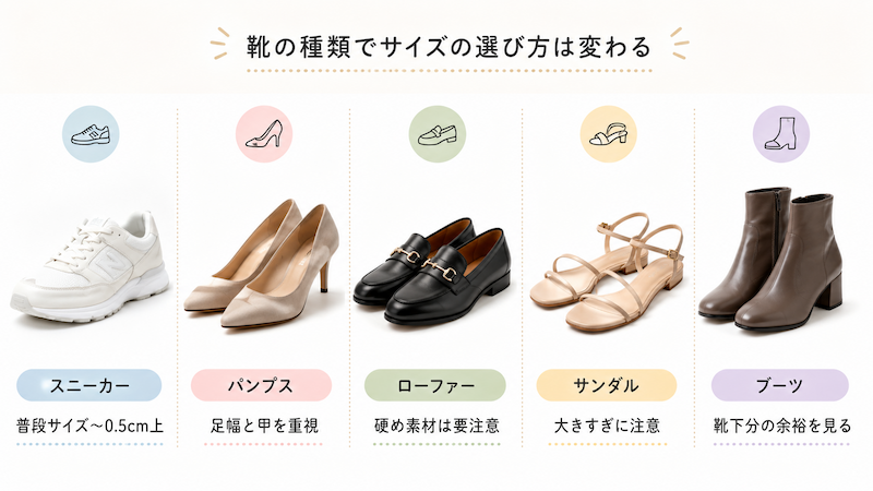 スニーカーやパンプスなど靴の種類別サイズ選び
