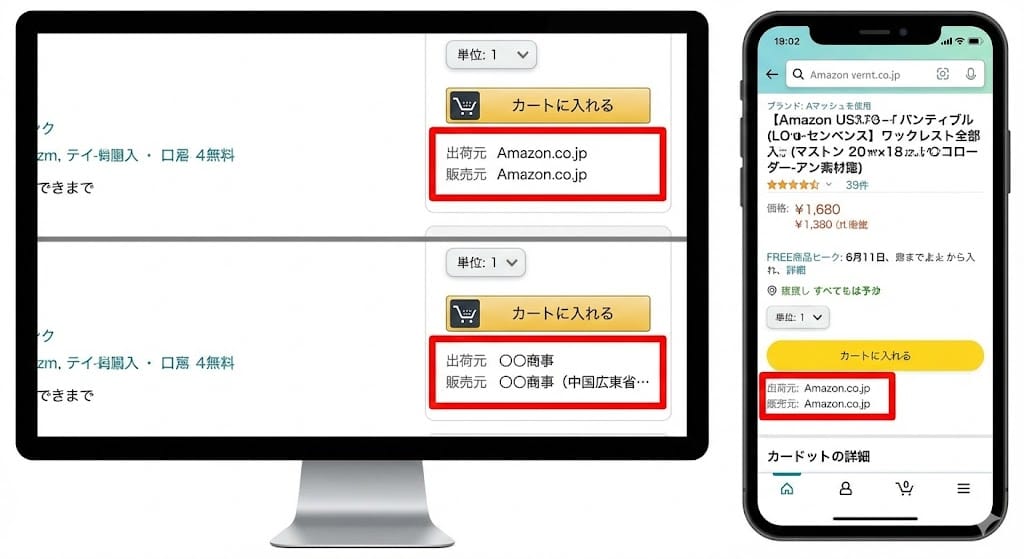 Amazonの商品ページで販売元と出荷元を確認する方法のスクリーンショット