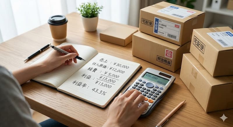 物販ビジネスの利益率の目安と平均相場を計算する様子