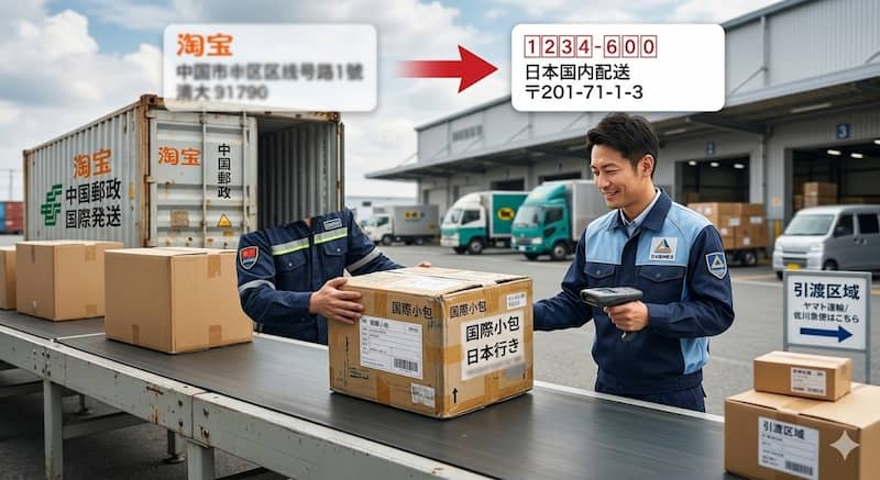 タオバオの荷物が日本国内の配送業者へ引き継がれる様子