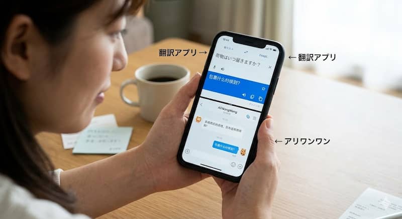 翻訳アプリを使ってタオバオ店舗にチャットで問い合わせる様子