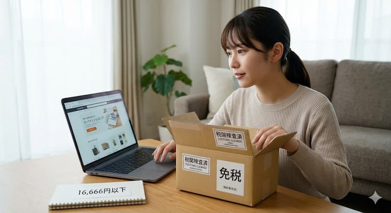 アリエクで買い物を慎重に行う女性と関税・偽物対策