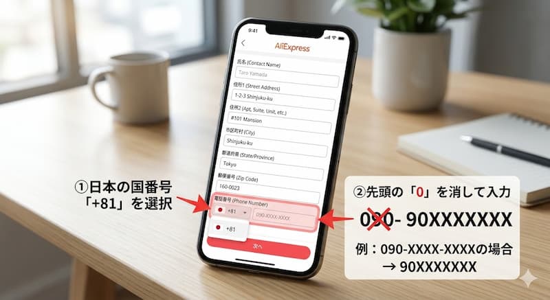 アリエクの住所入力における電話番号と+81の書き方