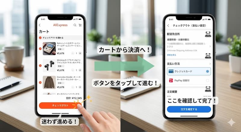 アリエクのカート画面と支払い設定手順