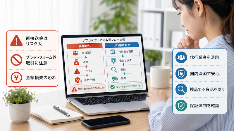 中国輸入で直接取引と代行業者利用のリスクを比較するイメージ