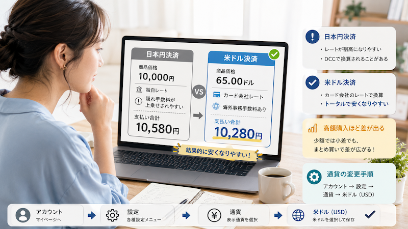 アリエクの日本円決済と米ドル決済を比較するイメージ