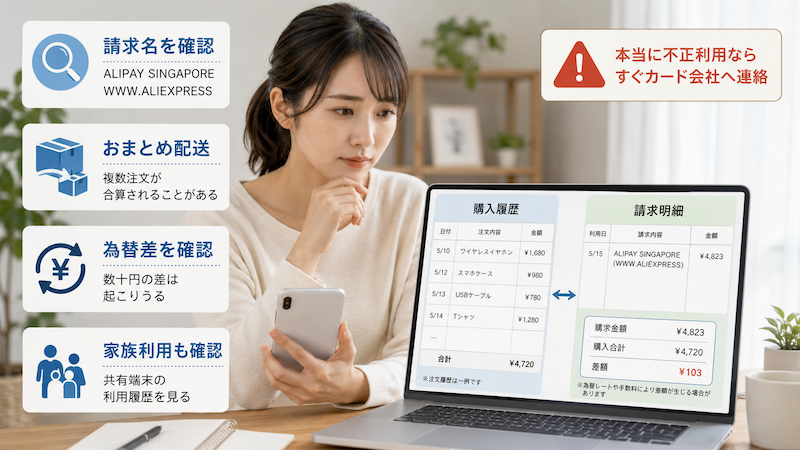 アリエクの購入履歴とカード請求明細を照合するイメージ