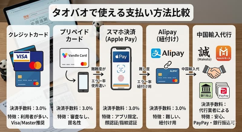タオバオで日本から使える支払い方法5選と手数料・特徴の比較