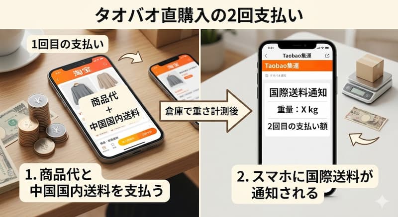 タオバオ直購入における商品代と国際送料の2回支払い