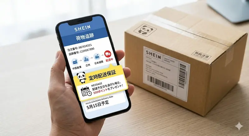 SHEINアプリの追跡画面と定時配送保証ポイント