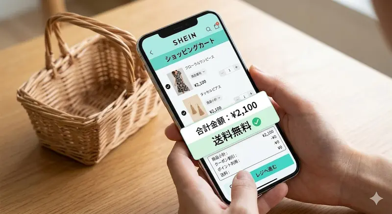SHEINの送料無料ラインとなる2,000円以上のカート画面