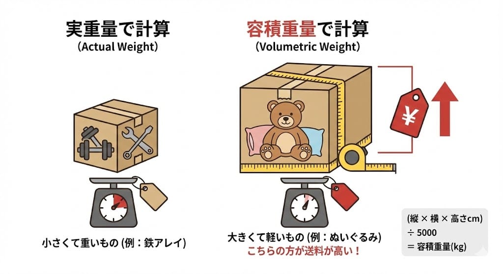 アリババ送料の計算：実重量と容積重量の比較図